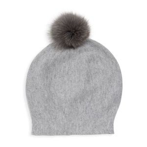 Grey Fox Fur Pom-Pom Hat